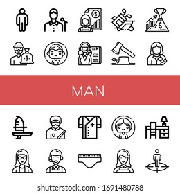 man icon set. Collection of Male, Thief, Singer, Man, Individual, Receptionist, Golf, Deforestation, Success, Secretary, Windsurf, Surgeon, Customer service, Doctor, Underwear icons