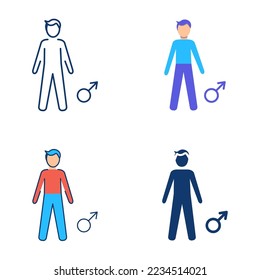 Juego de iconos de hombre en estilo plano y de línea. Símbolo de andrología. Figura masculina con signo de género. Ilustración del vector