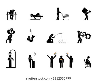 man icon, set of human silhouettes, everyday situations, sports, food and work