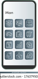man icon set. included calendar, online shop, shopping bag, profits, sale, package, mortgage, towel, chat, price tag, shopping cart, delivery truck icons on phone design background . linear styles.