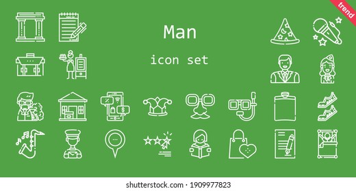 man icon set. line icon style. man related icons such as voice, face mask, briefcase, contract, rating, saxophone, reading, wake up, shoes, hip flask, journalist, stewardess, smoker, professor