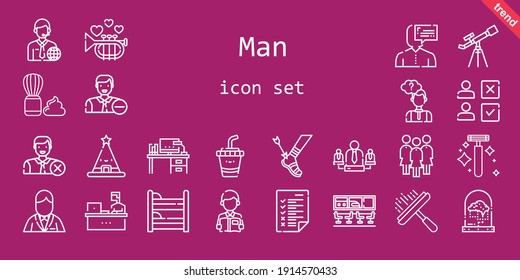 man icon set. line icon style. man related icons such as shaving brush, groom, news reporter, reading, team, brain, employee, thinking, drink, airport, trumpet, desk, working, window cleaner, razor