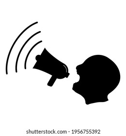 The man icon shouts into a bullhorn. Hand drawn element, vector illustration in black on white background.