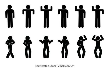 man icon, silhouettes of people, poses and hand gestures