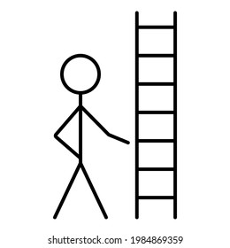 Man icon with a stepladder. Hand drawn element, vector illustration in black on white background.