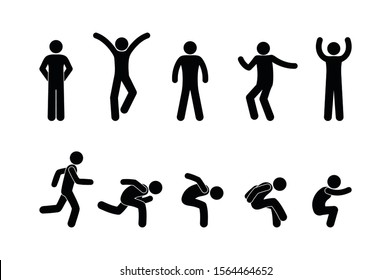 man icon, stick figure people illustration, isolated human silhouettes, various poses, running and jumping