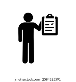 man icon, stickman holding tablet with documents, stick figure human silhouette, isolated on transparent