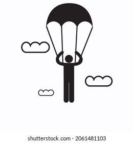 man icon using parachute. Illustration isolated on a white background. Vector gray sign symbol