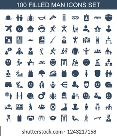 man icons. Set of 100 filled man icons included doctor, man doing exercises, caveman, abdoninal workout, bar tightening on white background. Editable man icons for web, mobile and infographics.