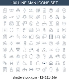 man icons. Set of 100 line man icons included resume, courier, support, underwear, expander sport, man sleeping on table on white background. Editable man icons for web, mobile and infographics.