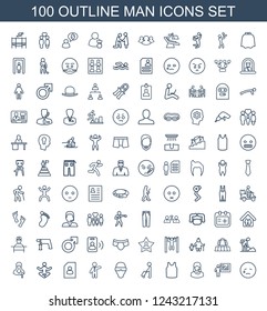 man icons. Set of 100 outline man icons included crying emot, teacher, customer support, singlet, man with luggage on white background. Editable man icons for web, mobile and infographics.
