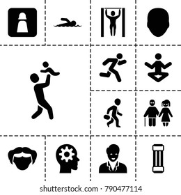 Man icons. set of 13 editable filled man icons such as face, expander sport, yoga, running, swimmer, man wc, couple, father with baby, bar   tightening