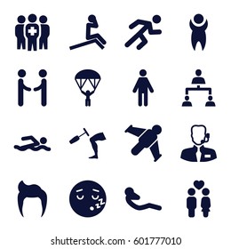 man icons set. Set of 16 man filled icons such as sleeping emot, abdoninal workout, couple, running, knee hammer reaction check, medical group, structure, help support