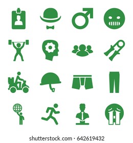 Man icons set. set of 16 man filled icons such as male, pants, gear in head, bust, angry emot, crying emoji, courier on motorcycle, group, clipboard, hat and moustache