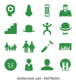 Man icons set. set of 16 man filled icons such as piano toy, nose, man, hat, security guy, angry emot, crying emoji, squat, medical hammer, hat and moustache, stair, waiter