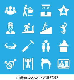 Man icons set. set of 16 man filled icons such as hair removal, belt, bar   tightening, couple, male and female, tv speaker, doctor, medical hammer, favourite user