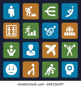 Man icons set. set of 16 man filled icons such as man with luggage, luggage belt, sad emot, male and female, photo for passport, basketball player, power lifter, structure
