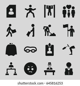Man icons set. set of 16 man filled icons such as hairdresser peignoir, angry emot, bar   tightening, courier, family, knee hammer reaction check, doctor, clipboard, structure
