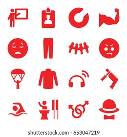Man icons set. set of 16 man filled icons such as sweater, pants, nail gun, crying emot, angry emot, muscle, male and female, clipboard, hat and bow, swimming, headset
