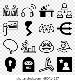 Man icons set. set of 16 man filled and outline icons such as thief emot, favorite photo, keyhole in head, structure, doctor, meeting, headset, swimming, ninja, children