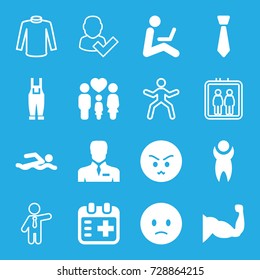 Man icons set. set of 16 man filled and outline icons such as sad emot, angry emot, gardener jumpsuit, muscle, businessman, family, medical appointment, tie, elevator, sweater