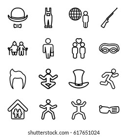 Man icons set. set of 16 man outline icons such as gardener jumpsuit, squat, gay couple, hat and moustache, hat, running, family home, hundting gun, smart glasses, old couple