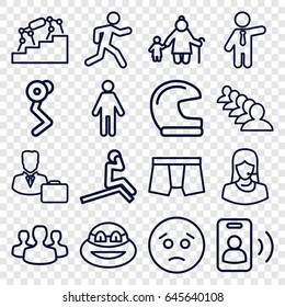 Man icons set. set of 16 man outline icons such as man underwear, businessman, group, running, customer support, male consultant   with case, user group, call, sad emot, ninja