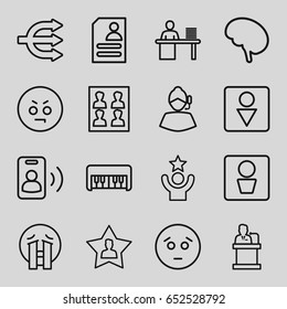 Man icons set. set of 16 man outline icons such as piano toy, male wc, resume, doctor, favourite user, speaker, photo for passport, call, sad emot, angry emot, crying emoji