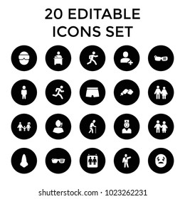Man icons. set of 20 editable filled man icons such as nose, couple, running, smart glasses, support, elevator, nail gun, teacher. best quality man elements in trendy style.