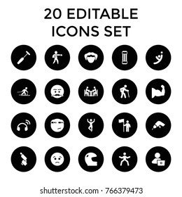 Man icons. set of 20 editable filled man icons such as drill, nail gun, sad emot, emot with mustache, rolling eyes emoji, helmet, expander sport, muscle arm, medical hammer