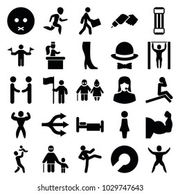 Man icons. set of 25 editable filled man icons such as man with flags, woman, sad emot, expander sport, bed, courier, customer support, hat and bow, bodybuilder, shaking hands