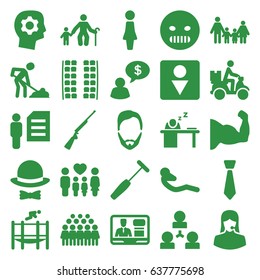 Man icons set. set of 25 man filled icons such as plane seats, woman, male wc, group, angry emot, abdoninal workout, courier on motorcycle, customer support, family