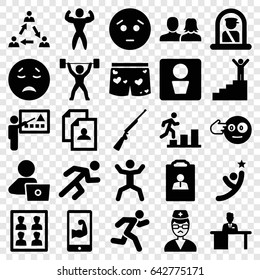 Man icons set. set of 25 man filled icons such as airport officer, resume, sad emot, crying emot, head bang emot, squat, underwear with heart, running, doctor