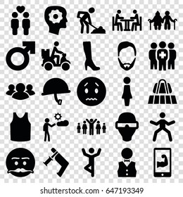 Man icons set. set of 25 man filled icons such as luggage belt, woman, man hairstyle, singlet, gear in head, nail gun, sad emot, emot with mustache, courier on motorcycle