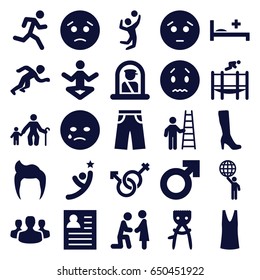 Man icons set. set of 25 man filled icons such as airport officer, man hairstyle, hair removal, singlet, pants, sad emot, crying emot, male and female, medical bed, trampoline