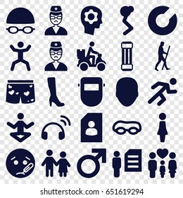 Man icons set. set of 25 man filled icons such as face, male, woman, woman boot, welder mask, sick emot, squat, courier on motorcycle, family, underwear with heart, running