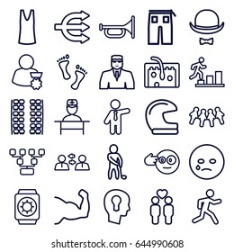 Man icons set. set of 25 man outline icons such as plane seats, security guy, singlet, pants, businessman, running, gay couple, hair, doctor, hat and moustache