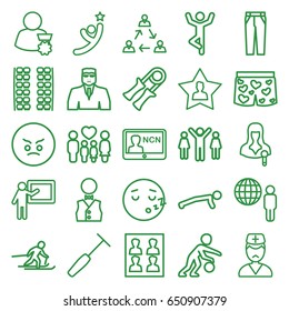 Man icons set. set of 25 man outline icons such as plane seats, security guy, pants, family, underwear with heart, woman speaker, doctor, medical hammer, favourite user