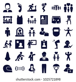 Man icons. set of 36 editable filled man icons such as airport officer, nose, pants, businessman, man with laptop, welder mask, resume, teacher, family, clipboard, support