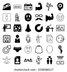 Man icons. set of 36 editable filled and outline man icons such as teacher, expander sport, stairs, gay couple, man sleeping on table, waiter, muscular arm, gear in head