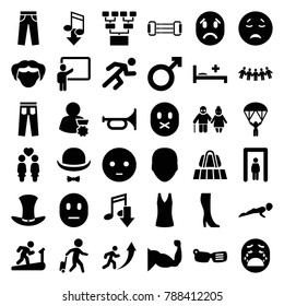 Man icons. set of 36 editable filled man icons such as luggage belt, metal gate detector, face, trumpet, sad emot, crying emot, eating mouth, man on treadmill, muscle