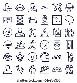 Man icons set. set of 36 man outline icons such as metal gate detector, man, resume, nail gun, running, squat, family, gay couple, doctor, medical group, structure