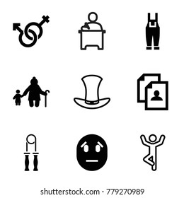Man icons. set of 9 editable filled and outline man icons such as resume, old woman and child, gardener jumpsuit, male and female, man doing exercises, hat, sport expander