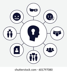 man icons set. Set of 9 man filled icons such as man underwear, angry emot, smoking emot, family, gay couple, group, keyhole in head, smart glasses
