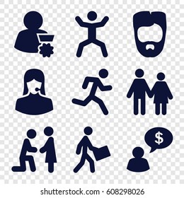 Man icons set. set of 9 man filled icons such as squat, courier, customer support, couple