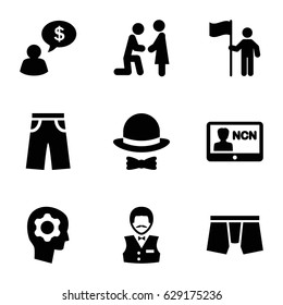 Man icons set. set of 9 man filled icons such as Casino boy, pants, hat and bow, gear in head, badge