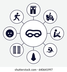 Man icons set. set of 9 man filled icons such as plane seats, nose, pants, sad emot, running, courier on motorcycle, swimming, man sitting with laptop