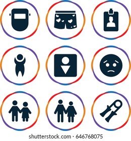 Man icons set. set of 9 man filled icons such as male wc, welder mask, sad emot, underwear with heart, clipboard, man, couple