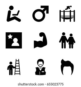 Man icons set. set of 9 man filled icons such as male, casino boy, trampoline, favorite photo, muscular arm