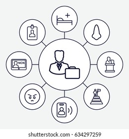 Man icons set. set of 9 man outline icons such as nose, medical bed, clipboard, speaker, male consultant   with case, badge, call, angry emot